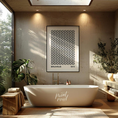 This captivating Bauhaus-inspired print, "Bauhaus Isometric Grid," features a dense and intricate p… for bathroom
