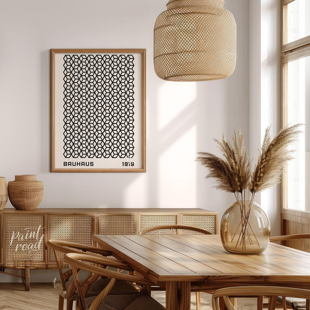 This captivating Bauhaus-inspired print, "Bauhaus Isometric Grid," features a dense and intricate p… for dining room