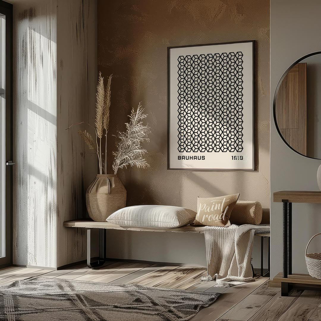 This captivating Bauhaus-inspired print, "Bauhaus Isometric Grid," features a dense and intricate p… for entryway