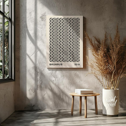 This captivating Bauhaus-inspired print, "Bauhaus Isometric Grid," features a dense and intricate p… for living room
