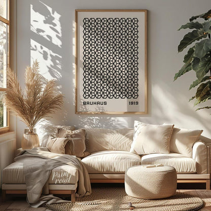 This captivating Bauhaus-inspired print, "Bauhaus Isometric Grid," features a dense and intricate p… for living room