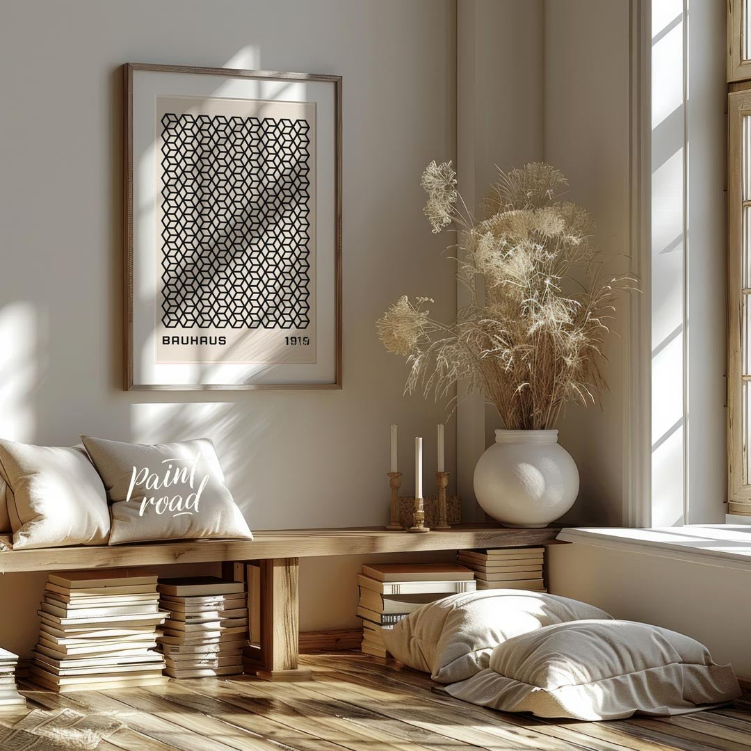 This captivating Bauhaus-inspired print, "Bauhaus Isometric Grid," features a dense and intricate p… for living room