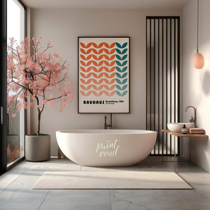 This framed art print is a vibrant homage to the Bauhaus movement, featuring a repetitive, stylized… for bathroom