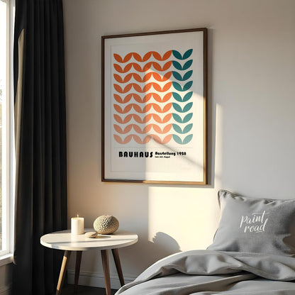 This framed art print is a vibrant homage to the Bauhaus movement, featuring a repetitive, stylized… for bedroom