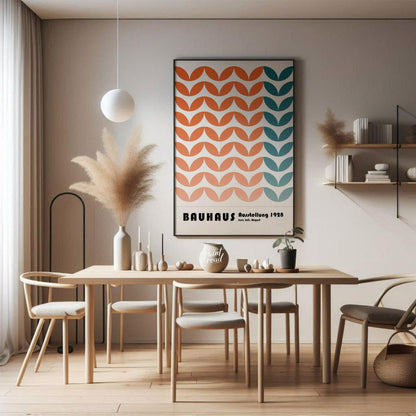 This framed art print is a vibrant homage to the Bauhaus movement, featuring a repetitive, stylized… for dining room