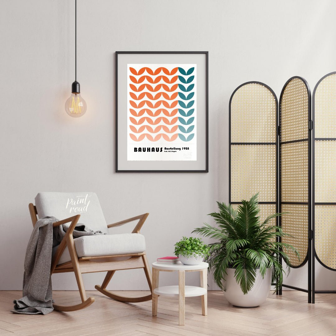 This framed art print is a vibrant homage to the Bauhaus movement, featuring a repetitive, stylized… for living room