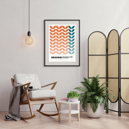 This framed art print is a vibrant homage to the Bauhaus movement, featuring a repetitive, stylized… for living room
