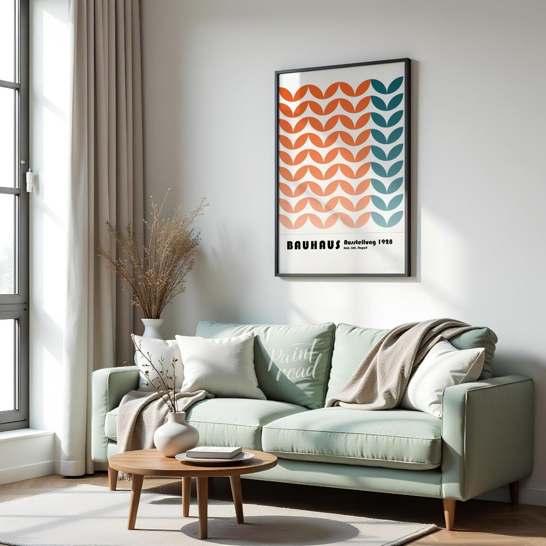 This framed art print is a vibrant homage to the Bauhaus movement, featuring a repetitive, stylized… for living room