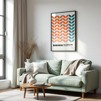 This framed art print is a vibrant homage to the Bauhaus movement, featuring a repetitive, stylized… for living room