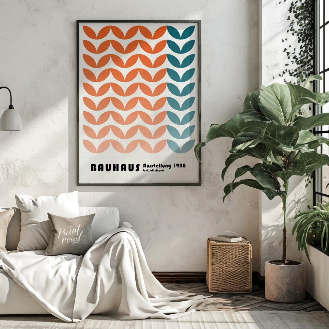This framed art print is a vibrant homage to the Bauhaus movement, featuring a repetitive, stylized… for living room