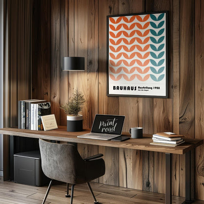 This framed art print is a vibrant homage to the Bauhaus movement, featuring a repetitive, stylized… for office