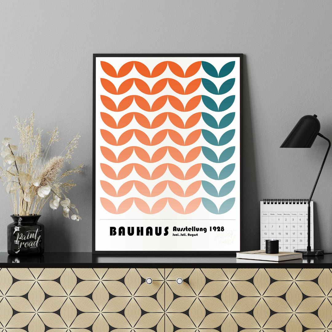 This framed art print is a vibrant homage to the Bauhaus movement, featuring a repetitive, stylized… for office