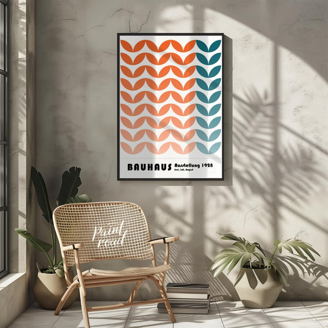 This framed art print is a vibrant homage to the Bauhaus movement, featuring a repetitive, stylized… for other