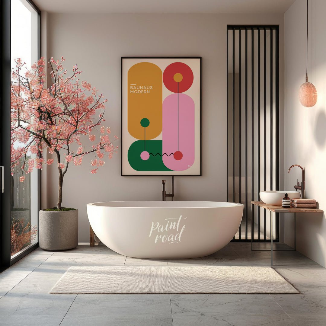 This vibrant Bauhaus-inspired print features a playful arrangement of geometric shapes in bold, con… for bathroom