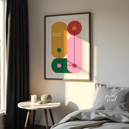 This vibrant Bauhaus-inspired print features a playful arrangement of geometric shapes in bold, con… for bedroom