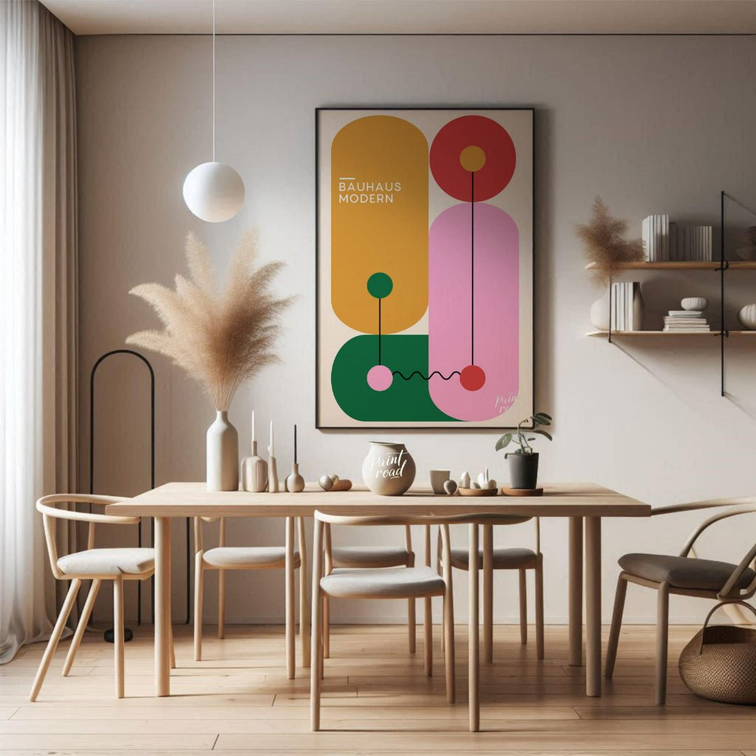This vibrant Bauhaus-inspired print features a playful arrangement of geometric shapes in bold, con… for dining room