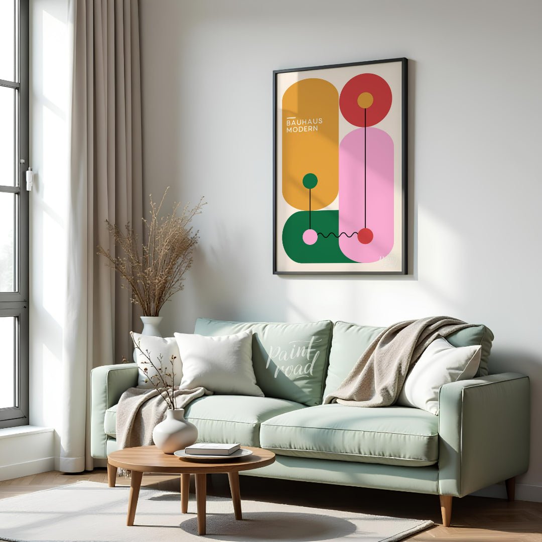 This vibrant Bauhaus-inspired print features a playful arrangement of geometric shapes in bold, con… for living room