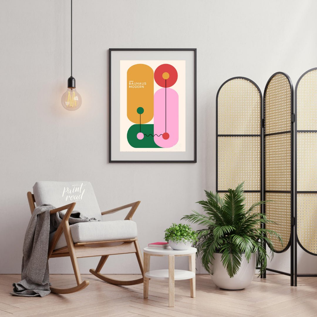 This vibrant Bauhaus-inspired print features a playful arrangement of geometric shapes in bold, con… for living room