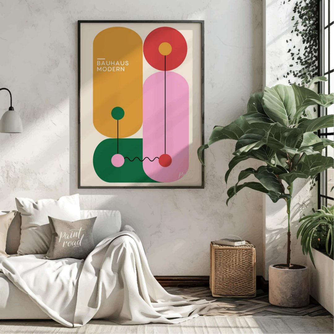 This vibrant Bauhaus-inspired print features a playful arrangement of geometric shapes in bold, con… for living room