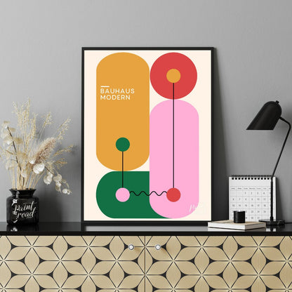 This vibrant Bauhaus-inspired print features a playful arrangement of geometric shapes in bold, con… for office