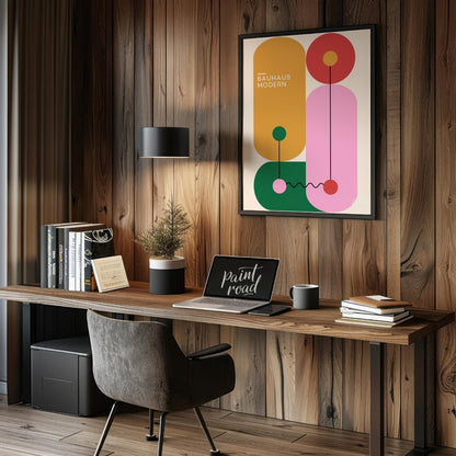 This vibrant Bauhaus-inspired print features a playful arrangement of geometric shapes in bold, con… for office