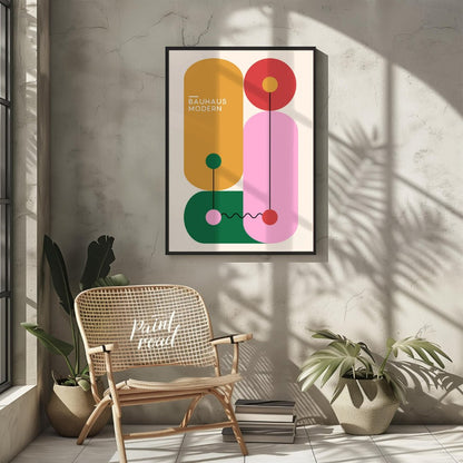This vibrant Bauhaus-inspired print features a playful arrangement of geometric shapes in bold, con… for other