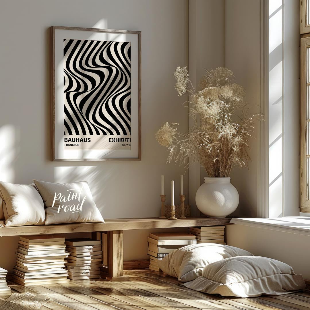 Bauhaus Op Art Swirl Painting available online at Paintroad showing art studio Bauhaus and black and white