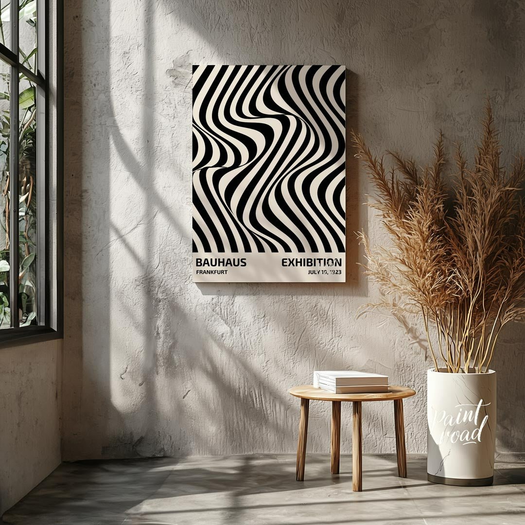 Bauhaus Op Art Swirl Painting available online at Paintroad showing art studio Bauhaus and black and white
