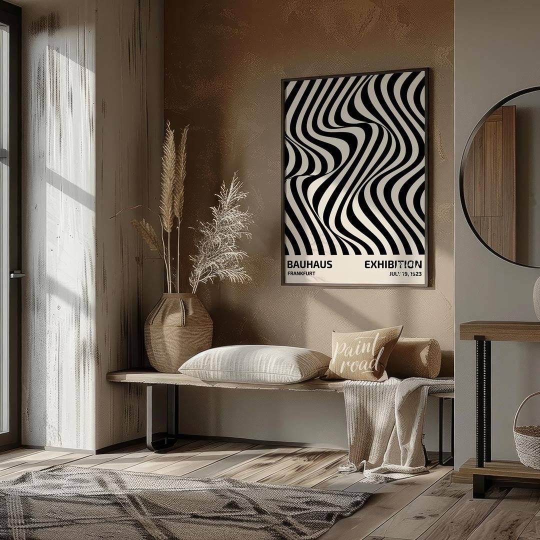 Bauhaus Op Art Swirl Painting available online at Paintroad showing art studio Bauhaus and black and white
