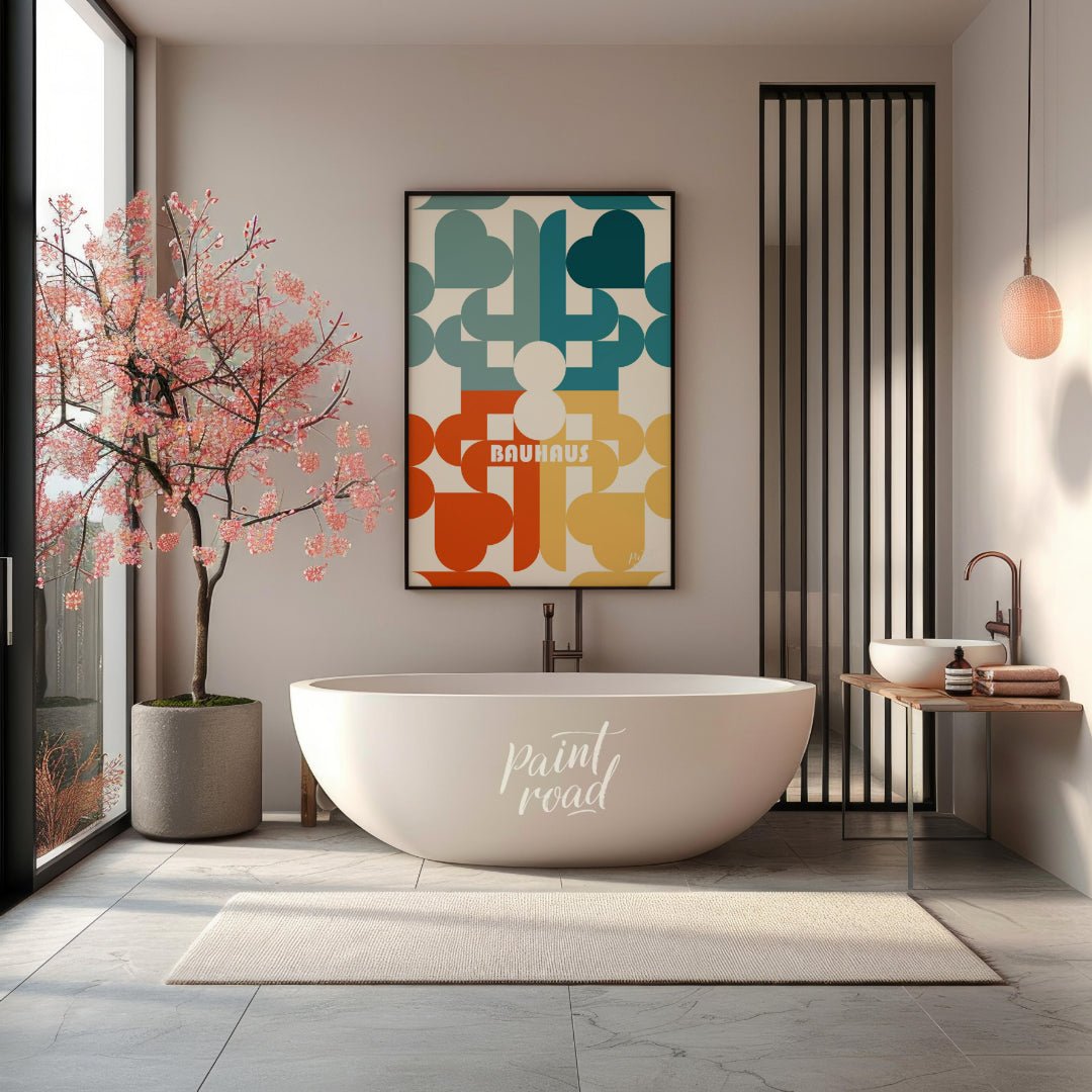 This Bauhaus poster presents a playful yet sophisticated abstract composition featuring an intricat… for bathroom