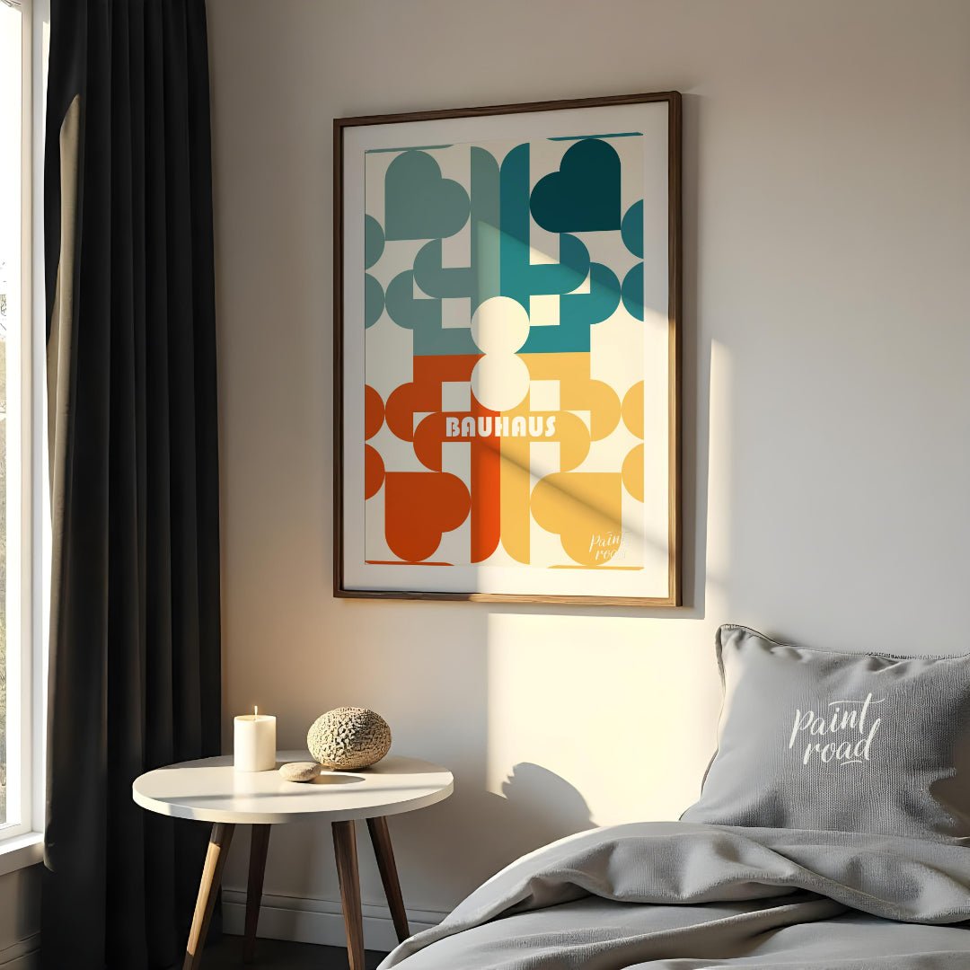 This Bauhaus poster presents a playful yet sophisticated abstract composition featuring an intricat… for bedroom