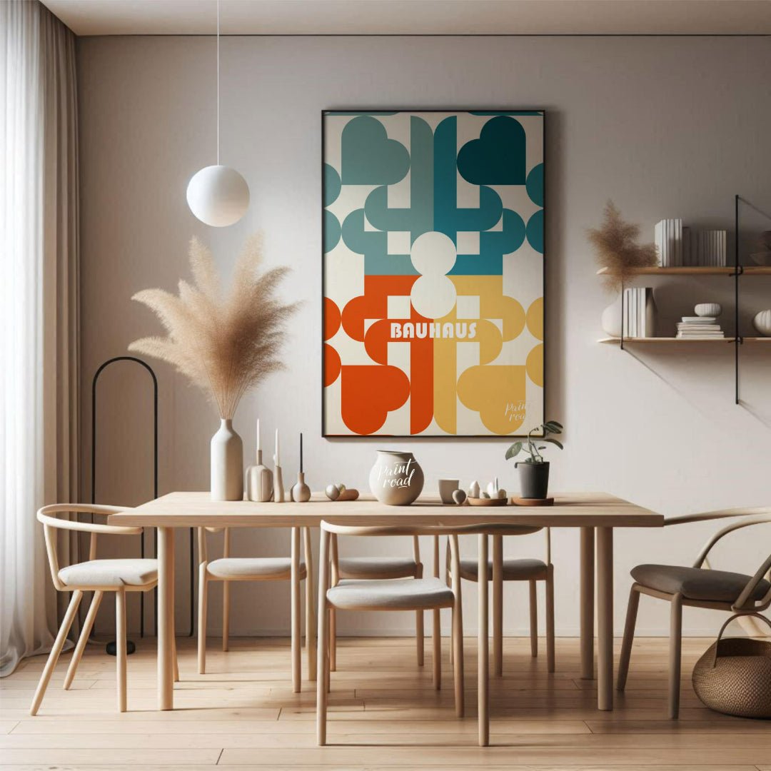 This Bauhaus poster presents a playful yet sophisticated abstract composition featuring an intricat… for dining room