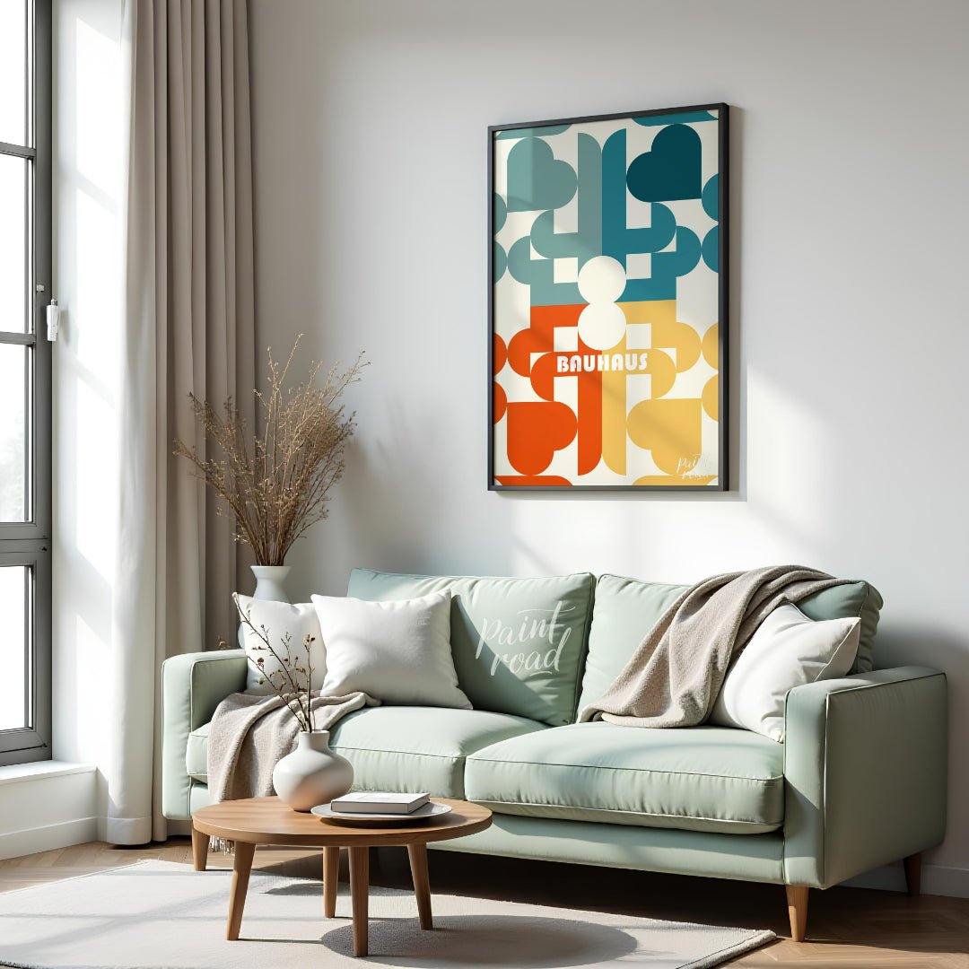 This Bauhaus poster presents a playful yet sophisticated abstract composition featuring an intricat… for living room