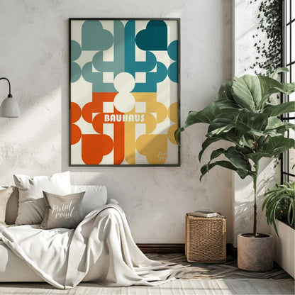 This Bauhaus poster presents a playful yet sophisticated abstract composition featuring an intricat… for living room