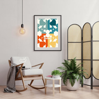 This Bauhaus poster presents a playful yet sophisticated abstract composition featuring an intricat… for living room