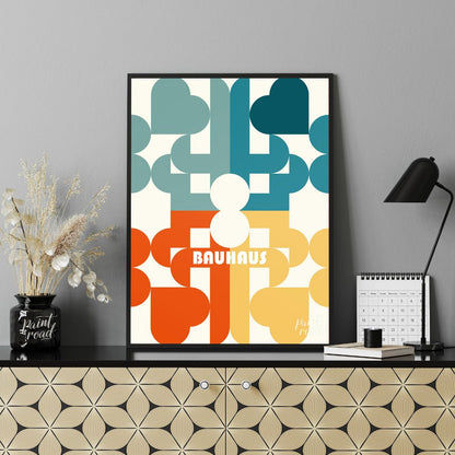 This Bauhaus poster presents a playful yet sophisticated abstract composition featuring an intricat… for office