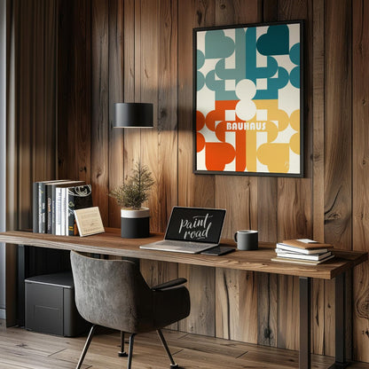 This Bauhaus poster presents a playful yet sophisticated abstract composition featuring an intricat… for office