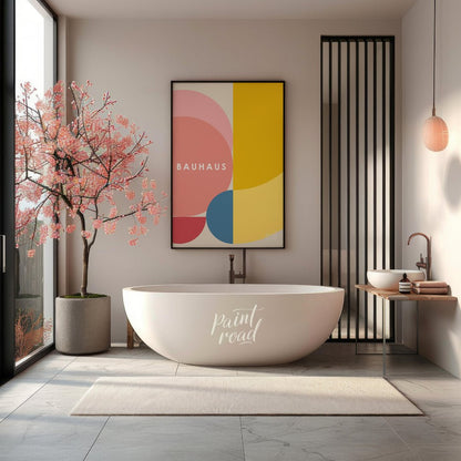 This vibrant digital poster, titled "Overlapping Geometric Shapes Poster," is a harmonious composit… for bathroom