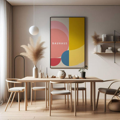 This vibrant digital poster, titled "Overlapping Geometric Shapes Poster," is a harmonious composit… for dining room