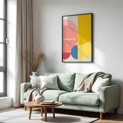 This vibrant digital poster, titled "Overlapping Geometric Shapes Poster," is a harmonious composit… for living room