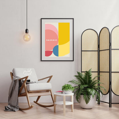 This vibrant digital poster, titled "Overlapping Geometric Shapes Poster," is a harmonious composit… for living room