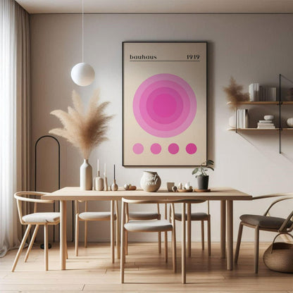 This Bauhaus-inspired print, "Bauhaus Pink Gradation Circle," showcases a central circular motif co… for dining room