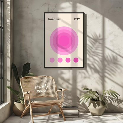 This Bauhaus-inspired print, "Bauhaus Pink Gradation Circle," showcases a central circular motif co… for living room