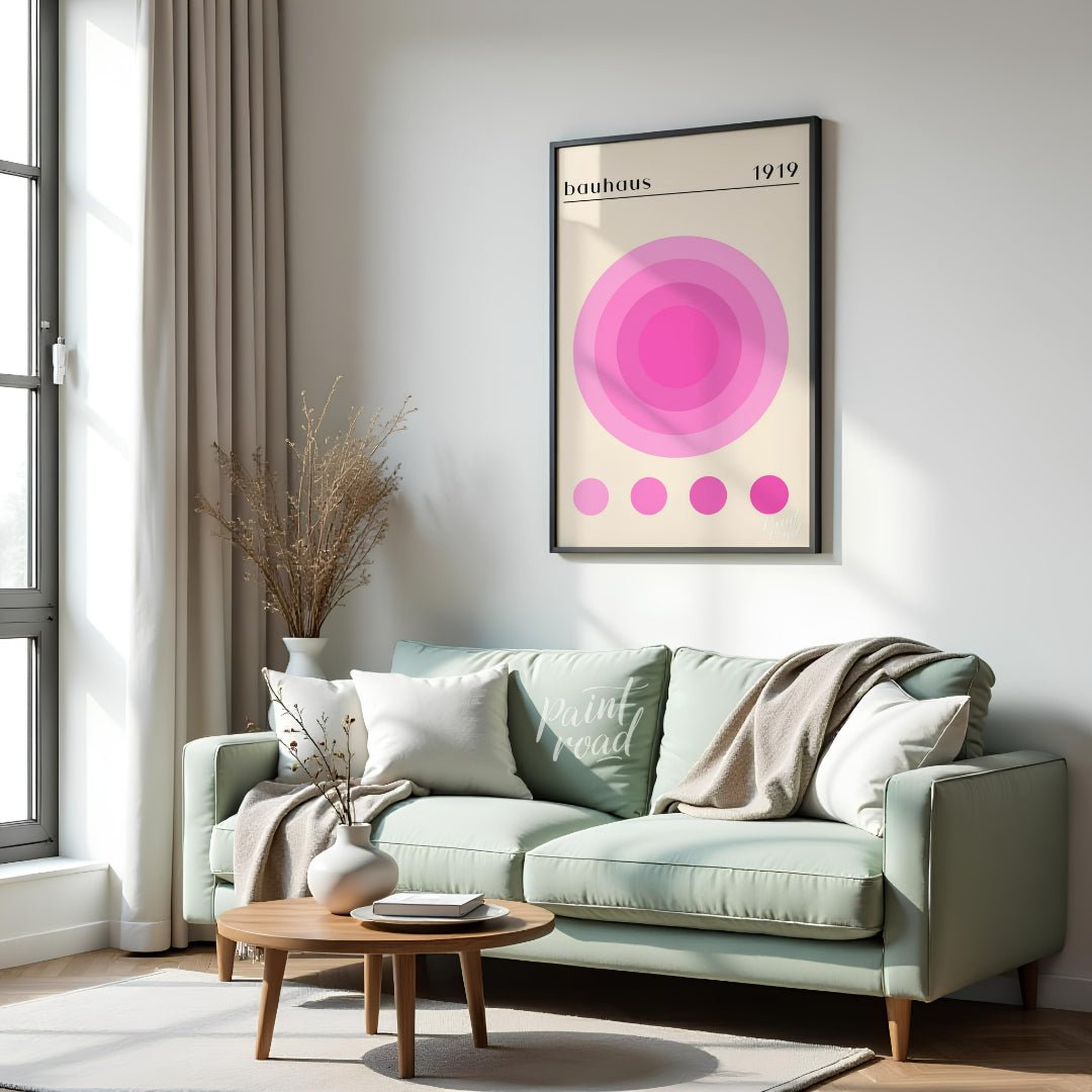 This Bauhaus-inspired print, "Bauhaus Pink Gradation Circle," showcases a central circular motif co… for living room