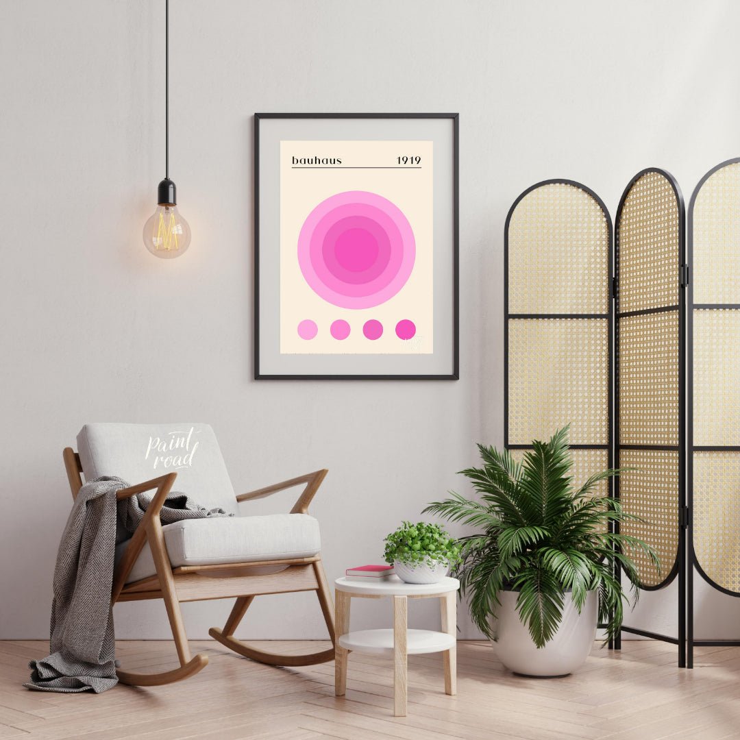 This Bauhaus-inspired print, "Bauhaus Pink Gradation Circle," showcases a central circular motif co… for living room