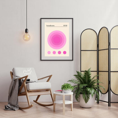 This Bauhaus-inspired print, "Bauhaus Pink Gradation Circle," showcases a central circular motif co… for living room