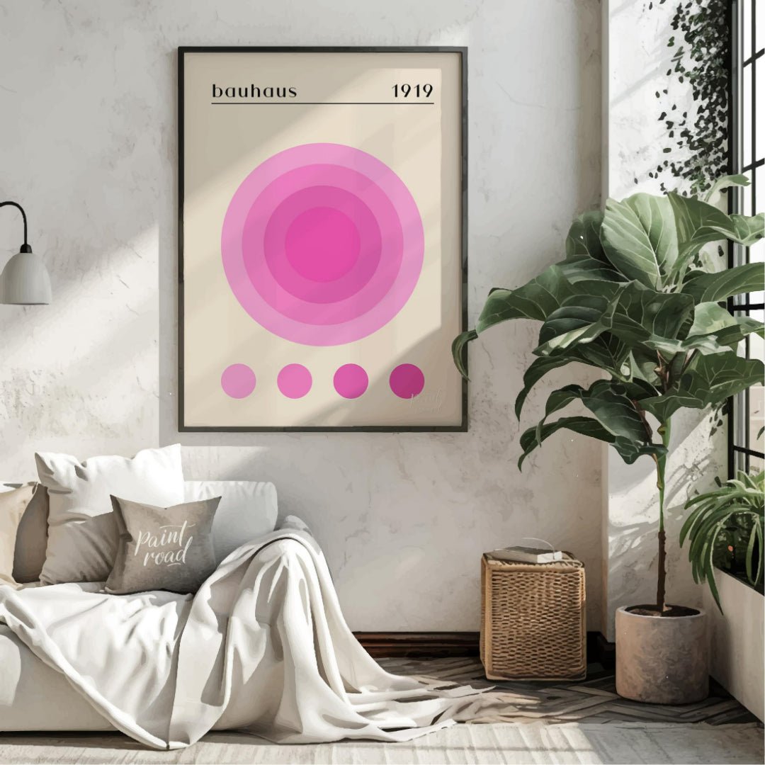 This Bauhaus-inspired print, "Bauhaus Pink Gradation Circle," showcases a central circular motif co… for living room