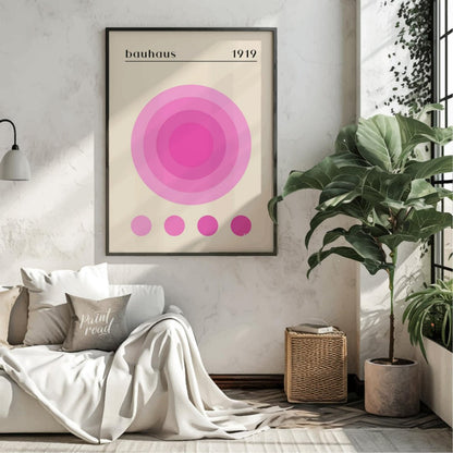 This Bauhaus-inspired print, "Bauhaus Pink Gradation Circle," showcases a central circular motif co… for living room