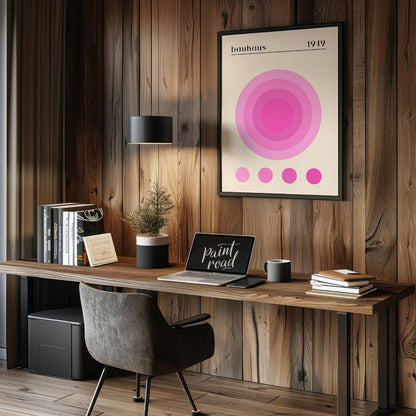This Bauhaus-inspired print, "Bauhaus Pink Gradation Circle," showcases a central circular motif co… for office