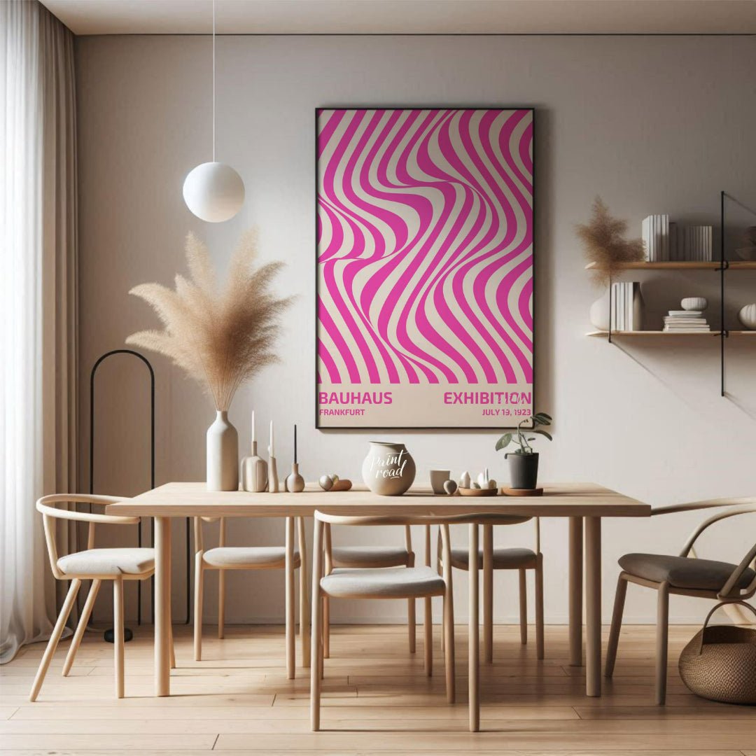This dynamic poster boldly fuses Bauhaus principles with elements of Op Art, featuring an mesmerizi… for dining room